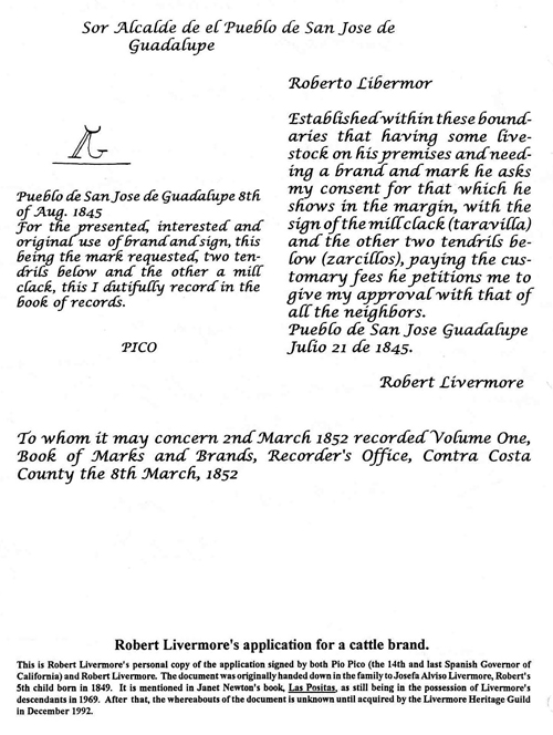 Robert Livermore cattle brand registration in English