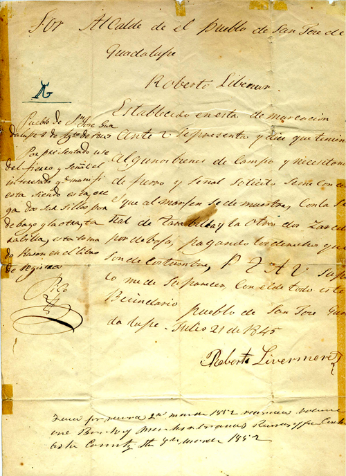 Robert Livermore cattle brand registration in Spanish